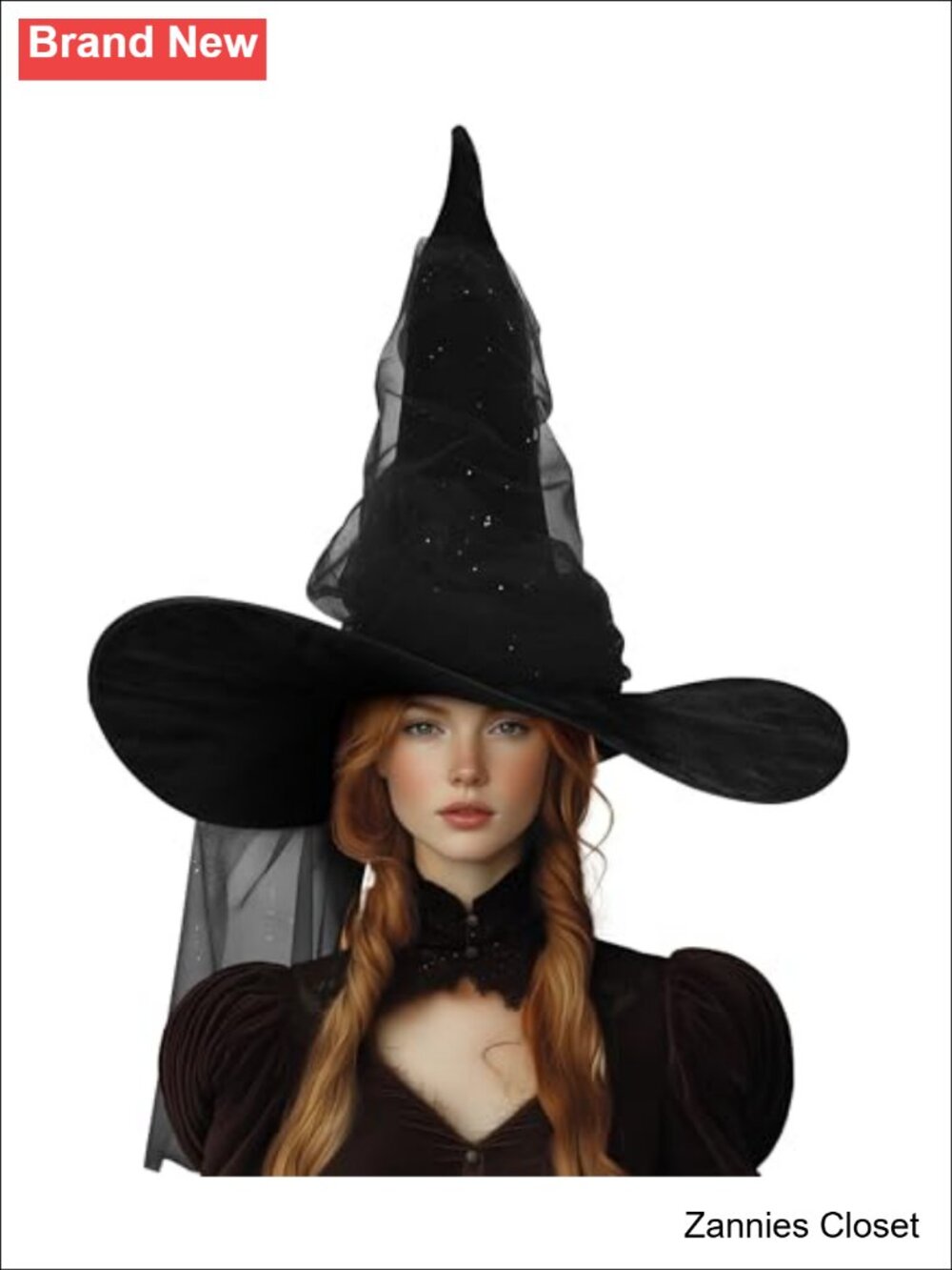 👻 VZQI Oversized Velvet-Look Witch Hat 24IN Wide Brim Tulle Halloween Costume